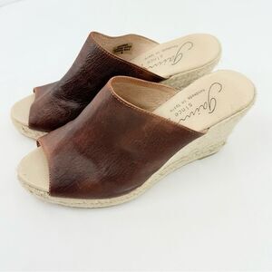Gaimo Anthropologie GOSSA Brown Leather Open Toe Wedge Heel Espadrille Sandals